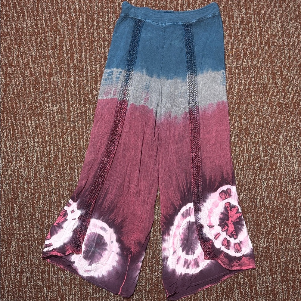 L.S.I. Tie dye boho slit front baggy hippie pant crepe loose fit relaxed cropped